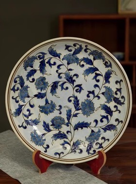 新中式青花瓷陶瓷装饰盘子摆件创意摆盘家居客厅样板房装饰品摆设