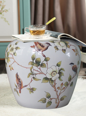 美式乡村花鸟陶瓷仿古风换鞋凳