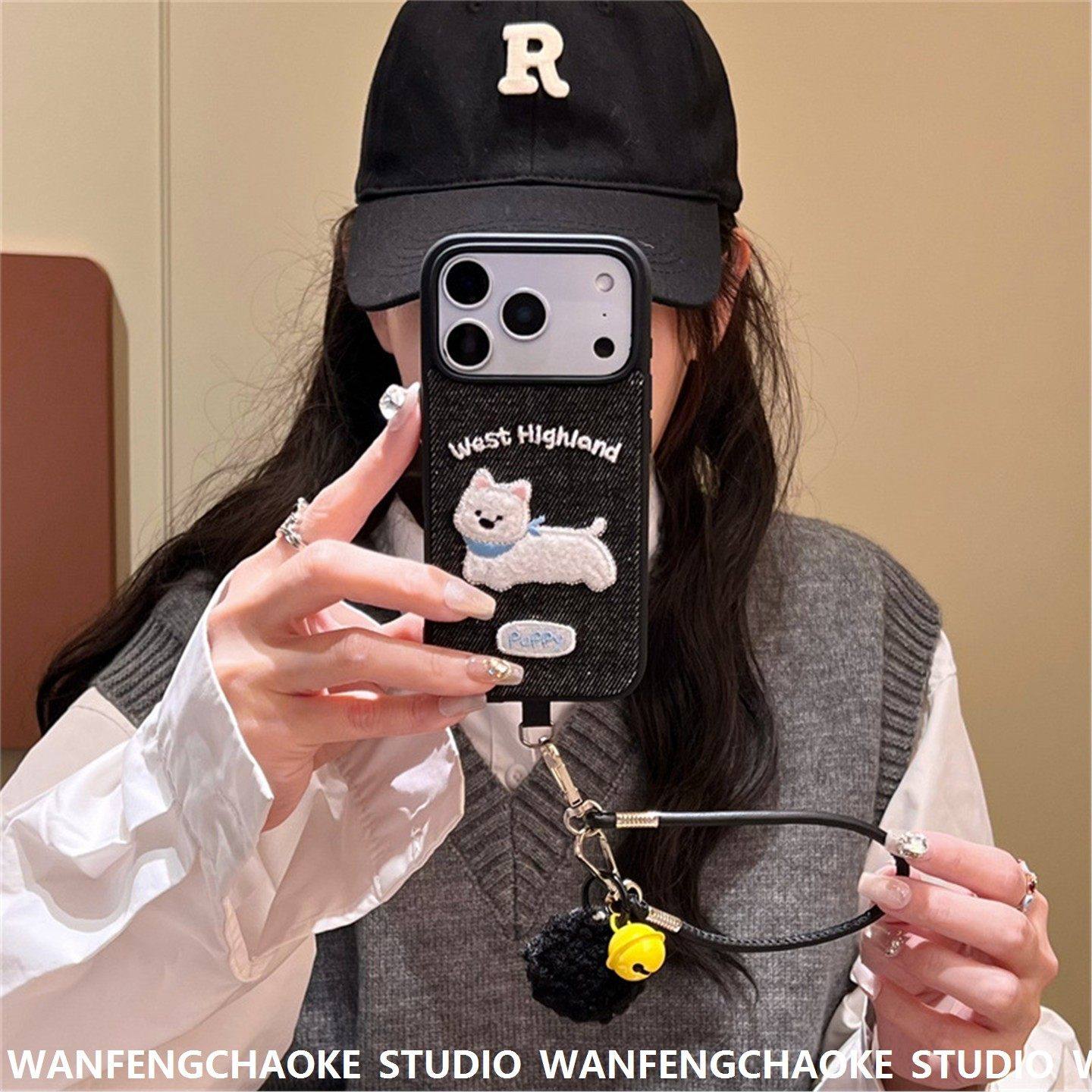 牛仔蓝刺绣狗狗适用苹果17promax手机包iPhone15/16保护套14挂绳,淘宝优惠券,粉丝福利购,淘宝优惠卷