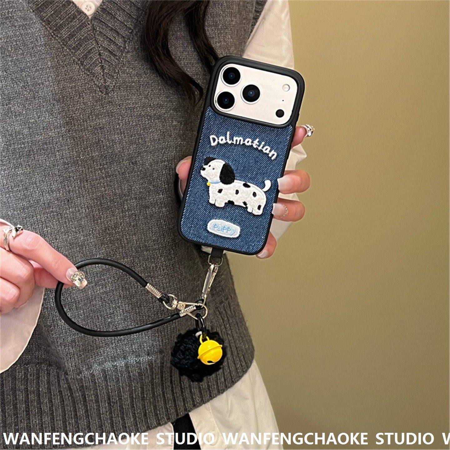 牛仔蓝刺绣狗狗适用苹果17promax手机包iPhone15/16保护套14挂绳,淘宝优惠券,粉丝福利购,淘宝优惠卷