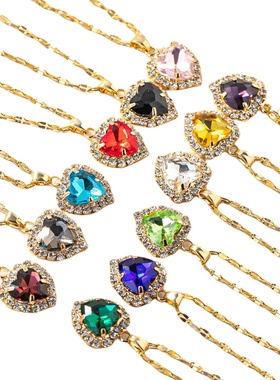 欧美跨境热卖十二生辰石项链感颈饰微镶锆石爱心形锁骨链