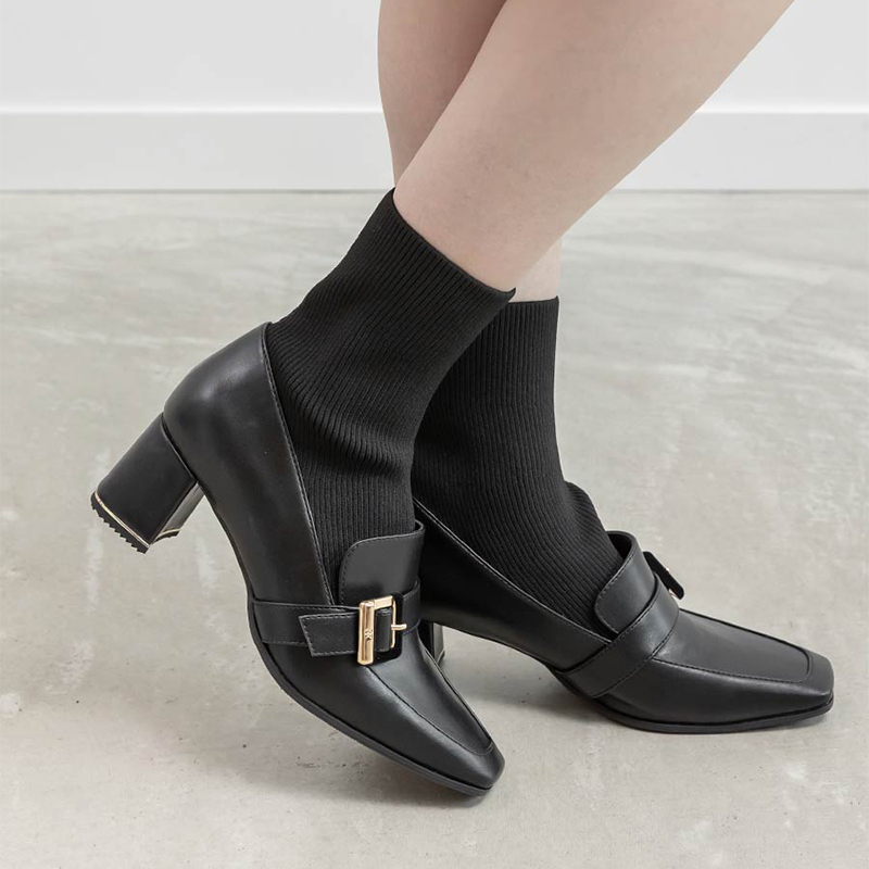 RANDA 25秋季新款原创金属扣高级感针织拼接粗跟长靴 PC36068 - 图0