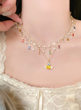 发财宅女同款彩色锆石土星项链女夏季多巴胺叠戴锁骨链高级感颈链