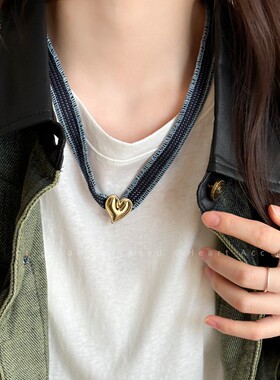 小众拼色丝巾爱心项链女独特设计感系脖毛衣链2025新款多功能配饰