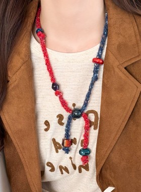 撞色针织毛线抽拉项链女2025新款复古秋冬毛衣链小众独特设计配饰