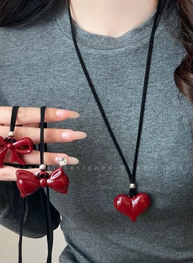 安可拉红色蝴蝶结吊坠项链女款高级感挂脖装饰毛衣链小众长款配饰