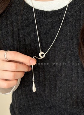 简约银色拉丝水滴项链女高级感秋冬长款可抽拉毛衣链2025新款配饰