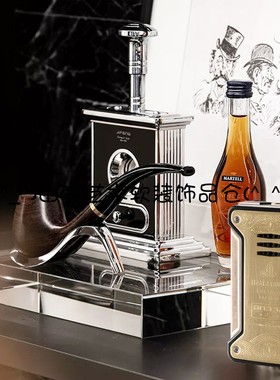 样板房别墅公寓书柜飘窗复古调雪茄烟斗主题软装饰品托盘组合摆件