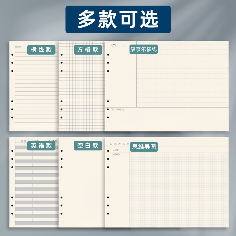 a4活页本替芯横版思维导图活页纸康奈尔笔记本大学生考研方格本网格空白b5横向活页夹外壳六孔100g道林纸内芯-图3