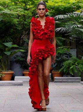 Printed slim fit women's sexy bikini2024红色深V重工花边连体