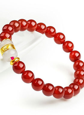 翡常美翠和田玉配玛瑙手链男女款情侣手串金镶玉手链礼物红色