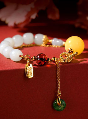 龍隐和田玉手链女翡翠玉石手串男本命年送妈妈生日礼物蜜蜡圆珠ZG