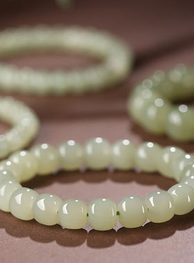 凤盏福老坑和田玉晴水料手串老型珠玉石女生手链夏素圈串珠桶珠女
