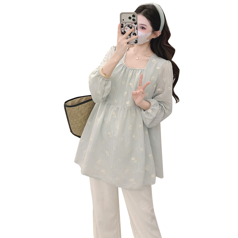 2026春秋季韩系清新蓝色碎花减龄上衣阔腿裤孕妇韩版减龄显瘦套装,淘宝优惠券,粉丝福利购,淘宝优惠卷