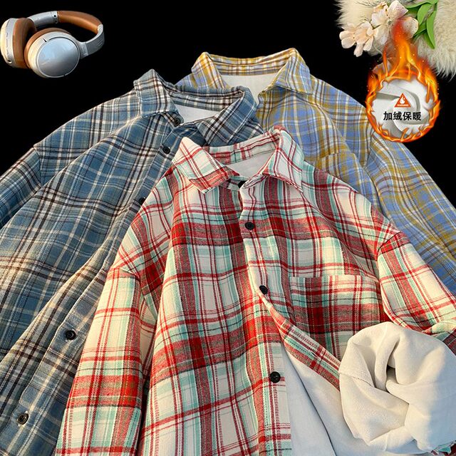 Yellow and blue plaid shirt for boys, autumn and winter style, plus velvet and thickening