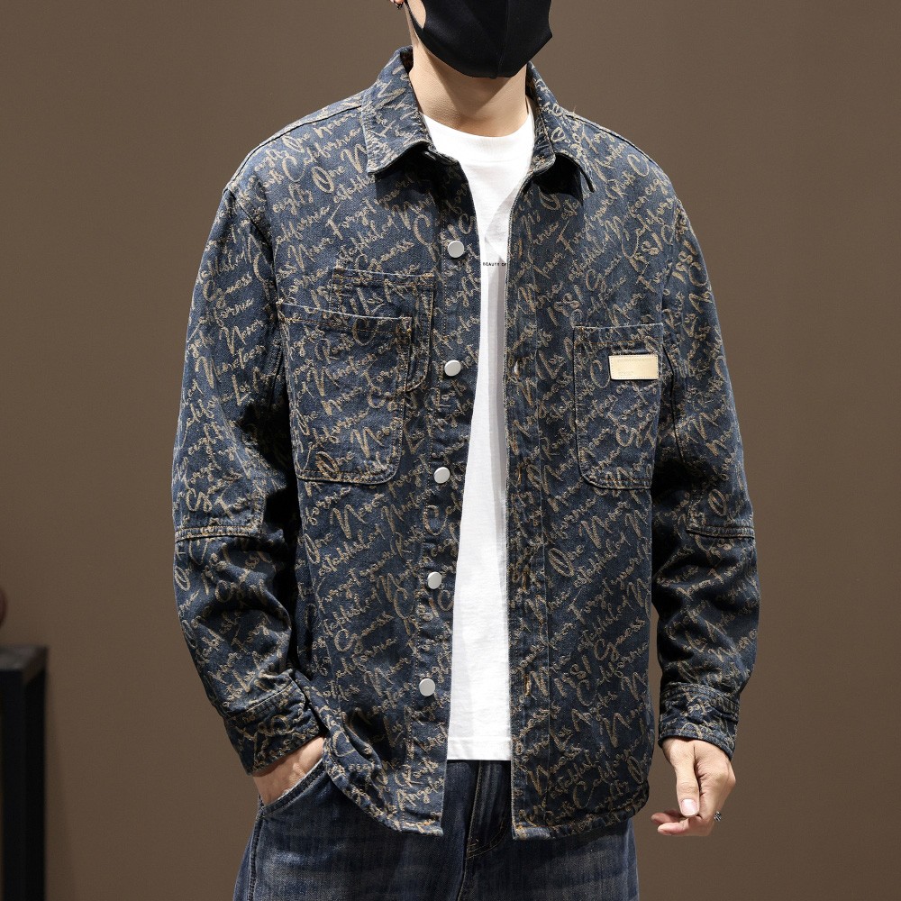 牛仔衬衫男士2025秋季新款提花复古翻领休闲长袖衬衣工装外套 - 图3