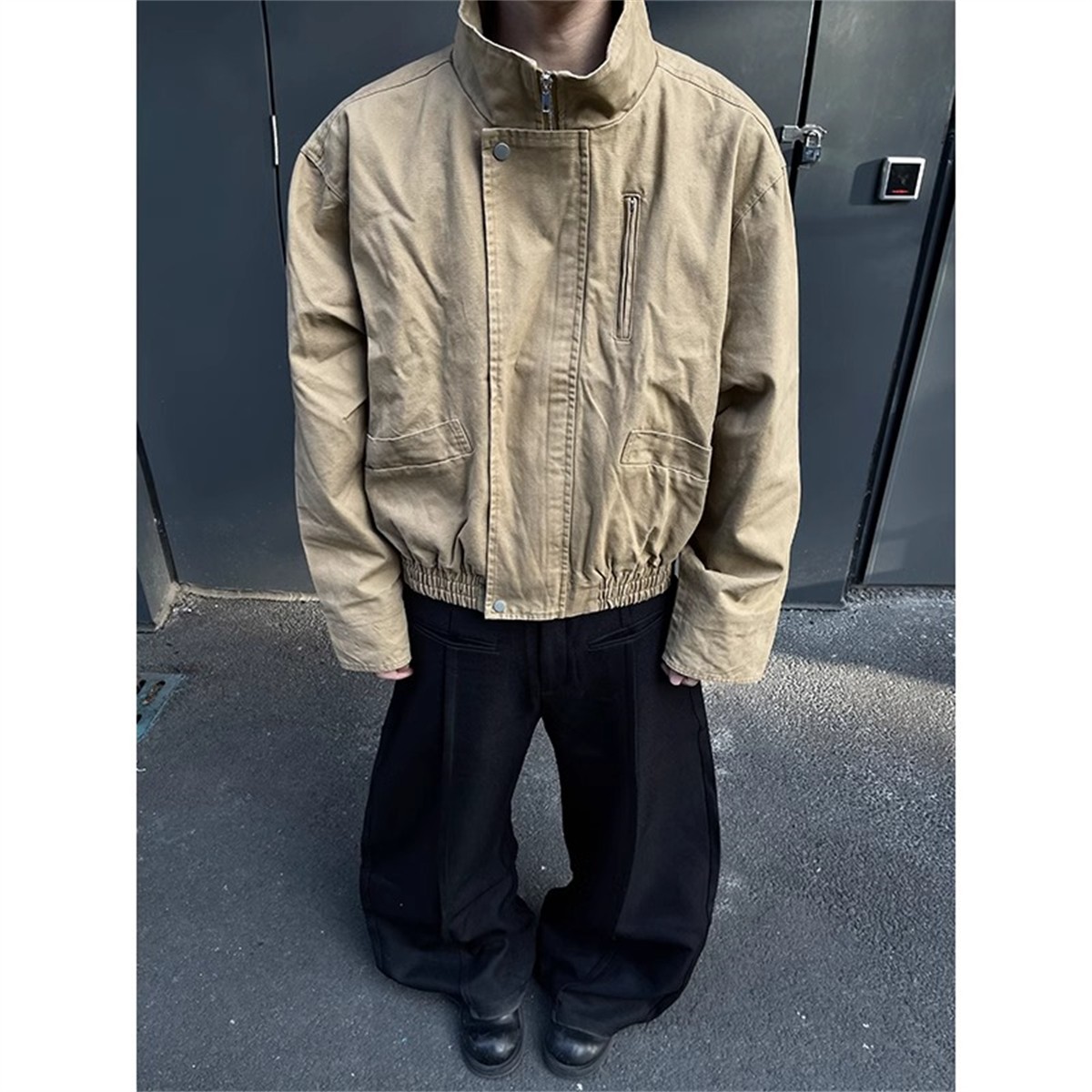 巴恩风卡其色短宽飞行夹克男春秋美式bomber廓形立领做旧工装外套 - 图2