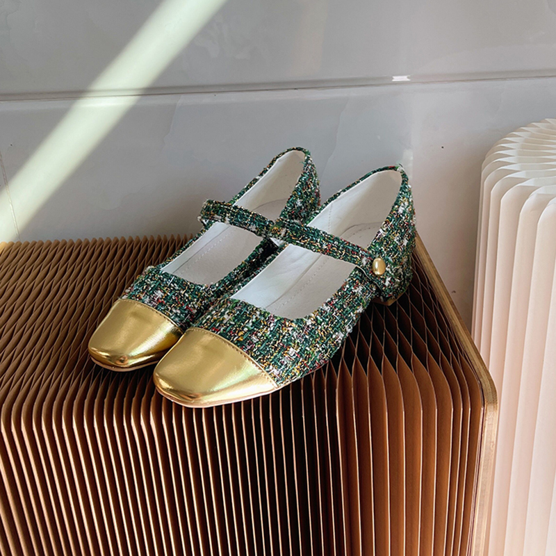 莫奈花园 小香风粗花呢拼色一字带粗跟玛丽珍单鞋针织芭蕾舞鞋女 - 图1