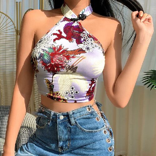 ladies Chinese Style Tops Dragon Floral Tee Crop Top Tank - 图2