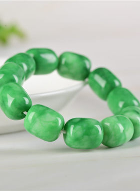 玉石匠祖母绿色翡翠桶珠手链 干青铁龙生路路通手链飘花油青手串