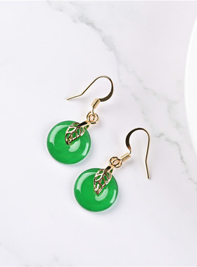 玉石匠翡翠色玉石平安扣耳环金枝玉叶转运耳坠少女款祖母绿色耳饰