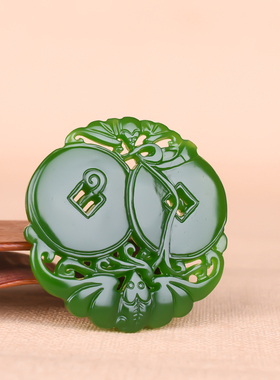 玉石匠新疆和田玉碧玉福在眼前吊坠 镂空雕蝙蝠财源滚滚玉坠挂件