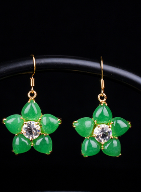 玉石匠缅甸翡翠五星水滴耳环 碧玉祖母绿菠菜绿925金银镶嵌耳坠