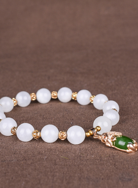 玉石匠和田玉羊脂白玉圆珠手链配碧玉貔貅吊坠男女款手串转运玉珠