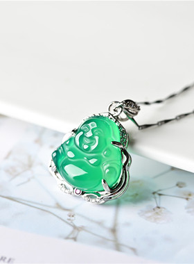 玉石匠绿玉髓弥勒佛吊坠 阳绿色925银镶嵌佛公玉坠翡翠色笑佛挂件