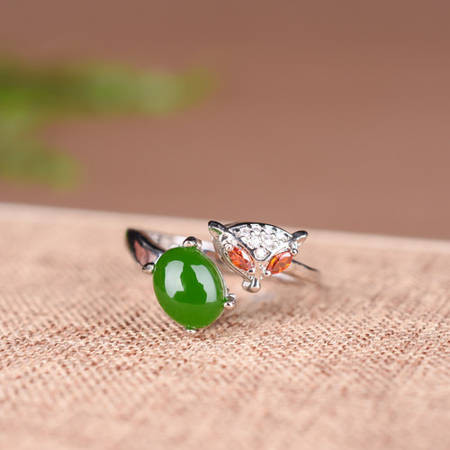 新疆和田玉碧玉狐狸头纯银可调节戒指 时尚女款简约活扣指环手饰 - 图3