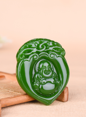 玉石匠新疆和田碧玉佛在心中 菠菜绿色弥勒佛大肚佛公 女款笑佛