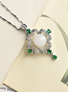 新疆和田白玉圆珠吊坠复古锆石925银镶嵌金丝玉项链女款镂空配饰