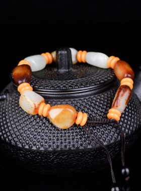 玉石匠新疆和田玉籽料手链男女款羊脂玉原石随形枣红黄皮俏色手串