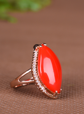 新疆和田玉红玉戒指 少女款鸡血石红玉戒指18k玫瑰金镶嵌玉指环