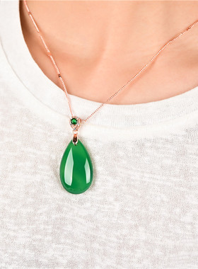 玉石匠冰种绿玉髓水滴吊坠 韩款925银镶嵌红玉髓滴水来财玉坠项链