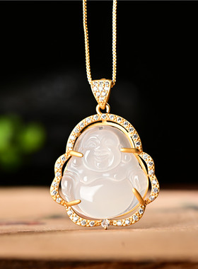 正品白玉髓弥勒佛吊坠 925银镶嵌笑佛挂件 女款玉髓小佛公玉坠