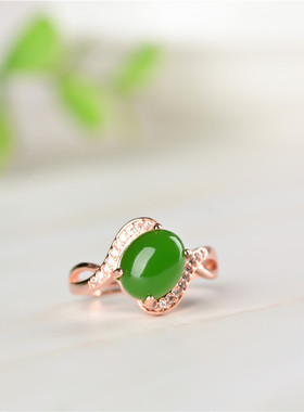 新疆和田玉碧玉戒指 时尚925银镶嵌女款菠菜绿玉戒指少女玉指环