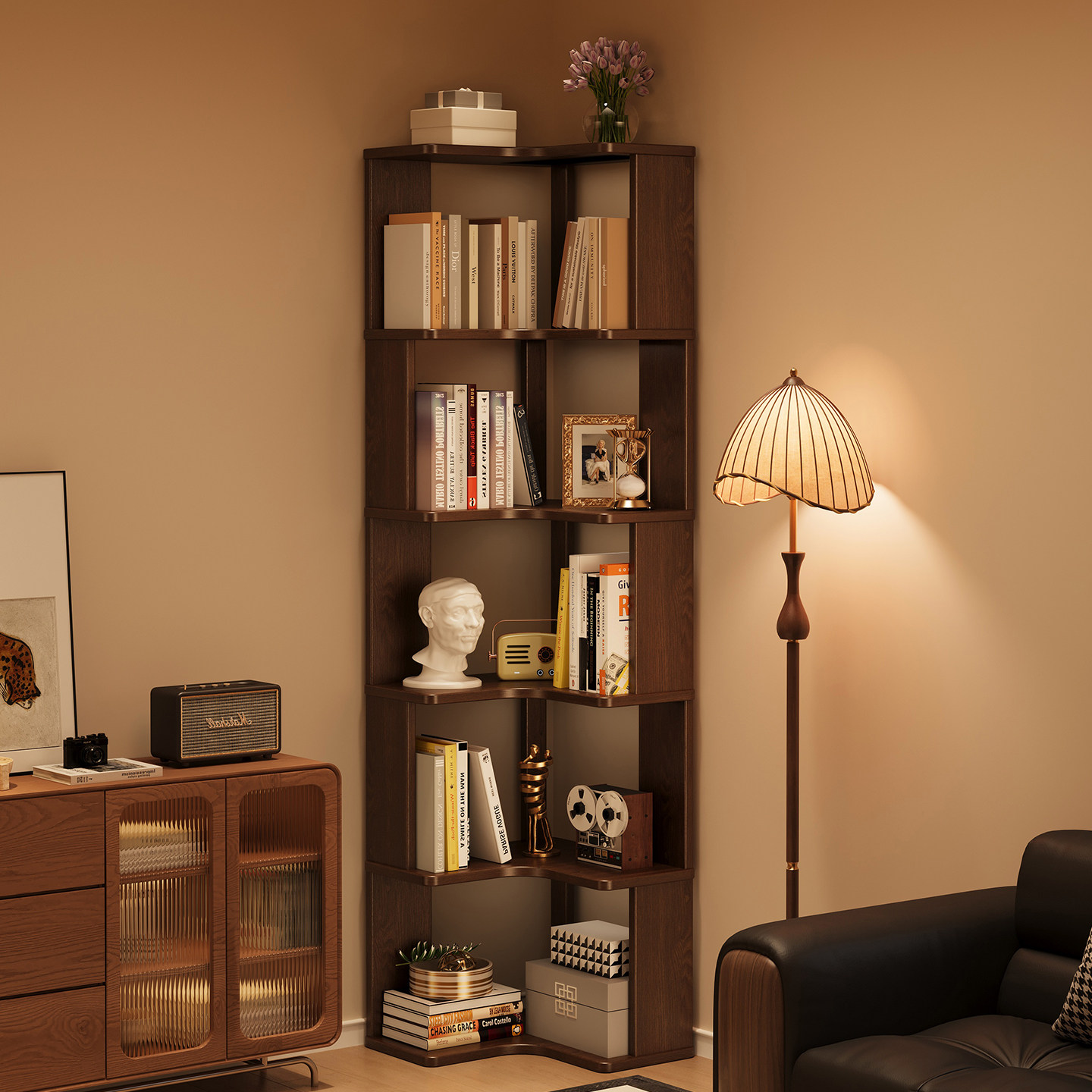 转角书架落地置物架家用客厅收纳三角架室内卧室靠墙多层实木书柜,淘宝优惠券,粉丝福利购,淘宝优惠卷