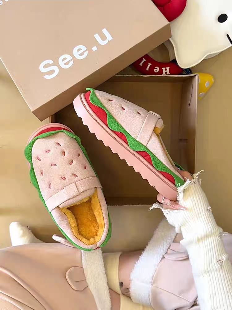 网红汉堡拖鞋女冬季保暖家居家用防滑情侣加绒厚底博肯棉拖鞋外穿,淘宝优惠券,粉丝福利购,淘宝优惠卷