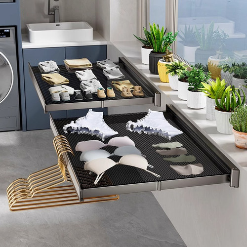 阳台隐形折叠晾衣架窗户栏杆可伸缩晾晒网免打孔晒鞋架晾袜子神器 - 图1