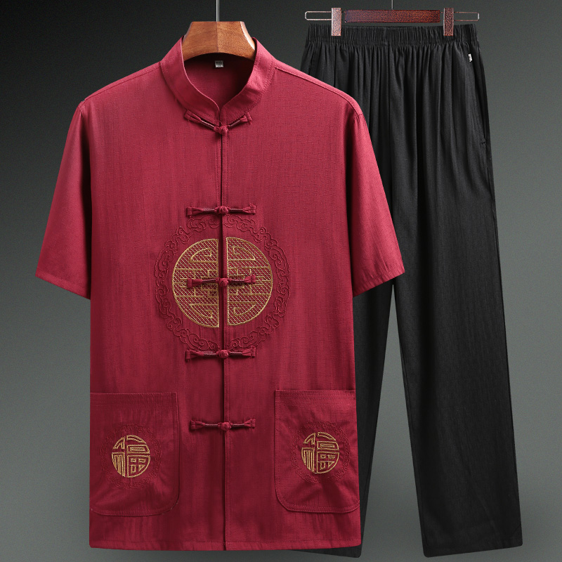 文笙服饰旗舰店唐装男中老年爸爸夏季棉麻中国风短袖薄款套装老年人衣服爷爷夏装2