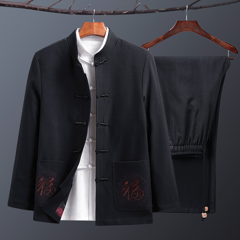 文笙服饰旗舰店中国风唐装男爷爷装长袖外套中老年人中式爸爸装夹克春秋休闲套装1