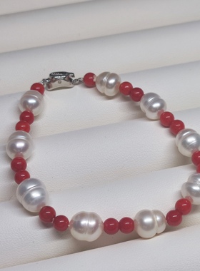 纯银扣天然淡水珍珠葫芦异形巴洛克龙福禄幸运手链配红石圆珠时尚