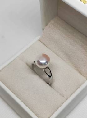 天然淡水珍珠戒指扁圆馒头极光镜面9.7mm纯银时尚开口戒节日礼物