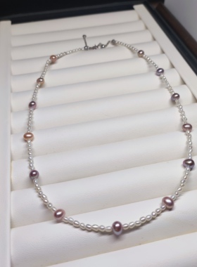 星星点点小小米粒珍珠紫炫彩椭圆天然无核珍珠项链节日礼物纯银扣