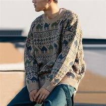 Jevan Autumu Winter Tide Cards Loose Sweater Mens Round Neckline Jacquard Pattern Day Ensemble Casual Couple Thickened Knit