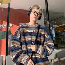 POUM mens clothing joint sweater mens autumn winter new style Lazy Wind Striped Collision Color Lovers Blouse Loose Casual Needles