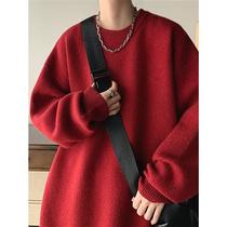 NEW OR MODE Wine Red Tide sweater Male Winter Lazy Wind Advanced Sensation Outside Wearing of a Knitted Sweatshirt Male