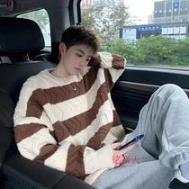 Name-rich days (RINGFUTIAN) Round neck sweater for mens autumn and winter loose with lazy wind stripe Coloured and knitted sweatshirt jacket