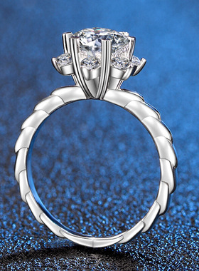 新款2克拉仿莫桑石扭臂雪花开口戒指 镀pt950花朵求婚结婚戒指女